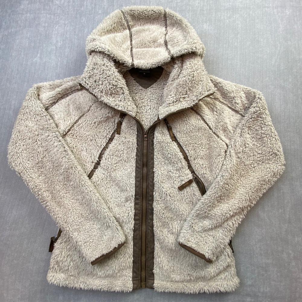 Kuhl Flight Hoody Womens Medium Oatmeal Fleece Jacket Full Zip Stowaway Hood